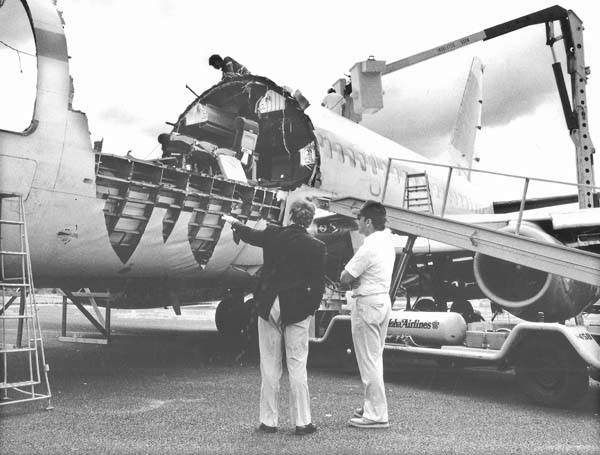 Aloha Airlines Flight 243 on the ground at Kahului Airport after its emergency landing