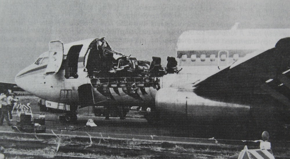 The left side of Aloha Airlines Flight 243's fuselage after landing, showing the extent of the structural damage