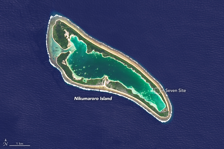 NASA satellite image of Nikumaroro (Gardner Island), showing the location of the Seven Site excavated by TIGHAR