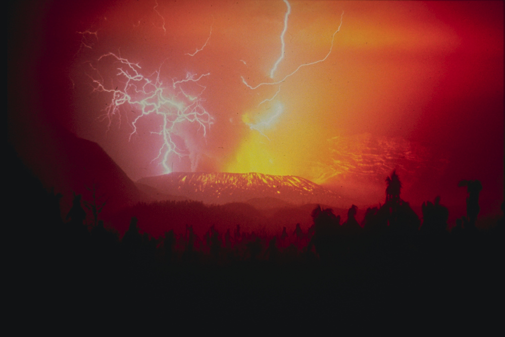 Mount Galunggung erupting in 1982, with volcanic lightning visible in the ash cloud