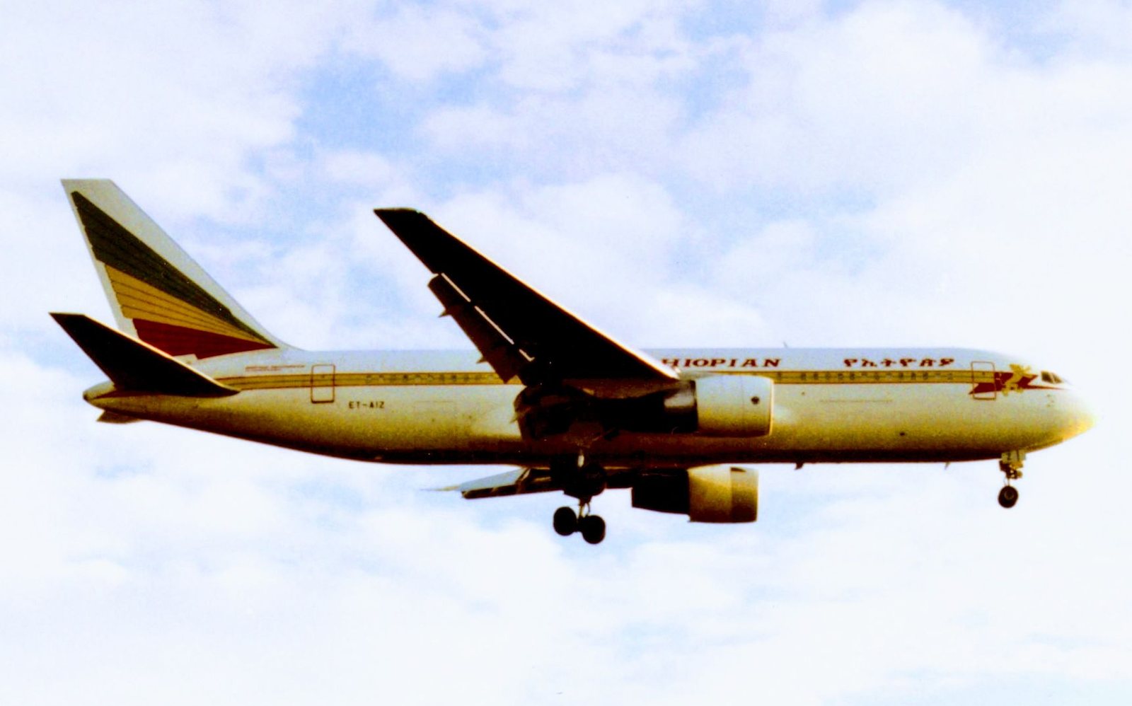 Ethiopian Airlines Boeing 767-260ER, registration ET-AIZ, on approach to London Heathrow in August 1996