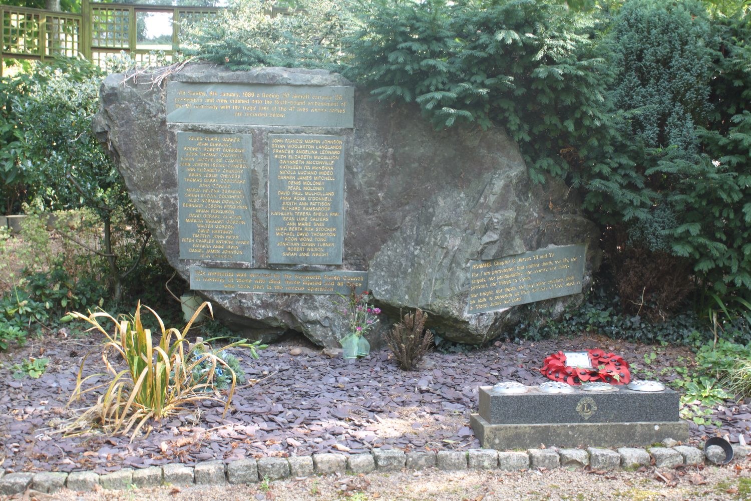 The Kegworth air disaster memorial at the top of Kegworth cemetery on Whatton Road, engraved stones listing the names of those who died