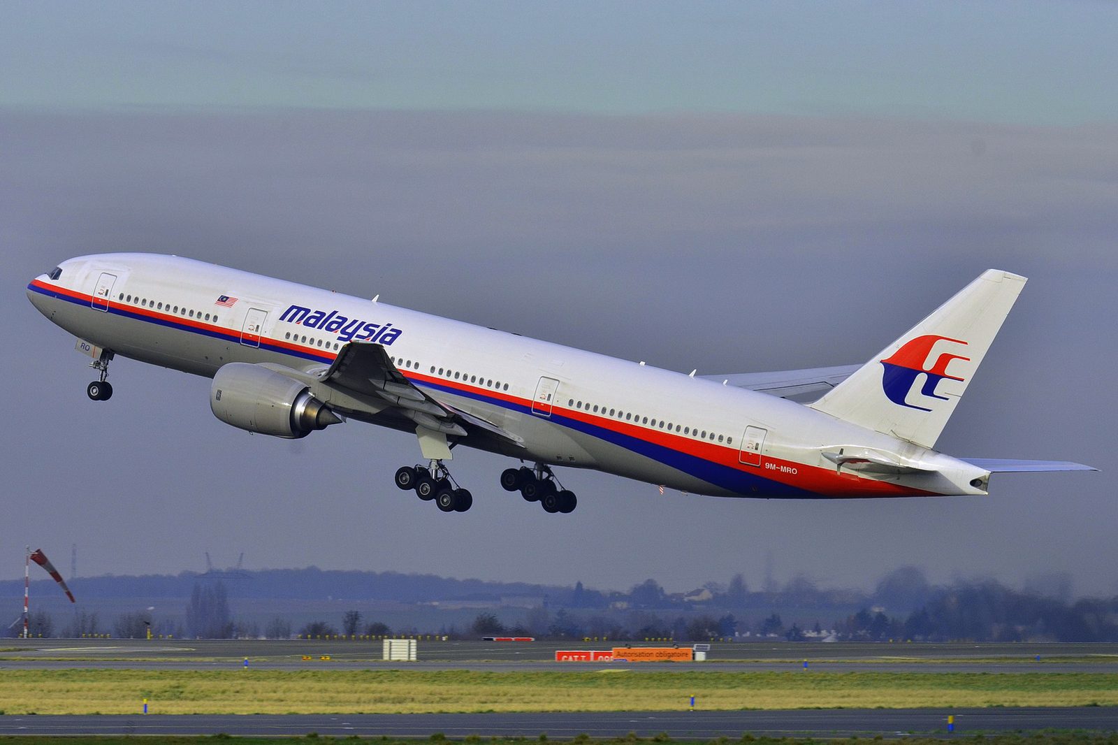 Malaysia Airlines Boeing 777-200ER, registration 9M-MRO, the aircraft that operated MH370, photographed at Paris Charles de Gaulle Airport in 2011