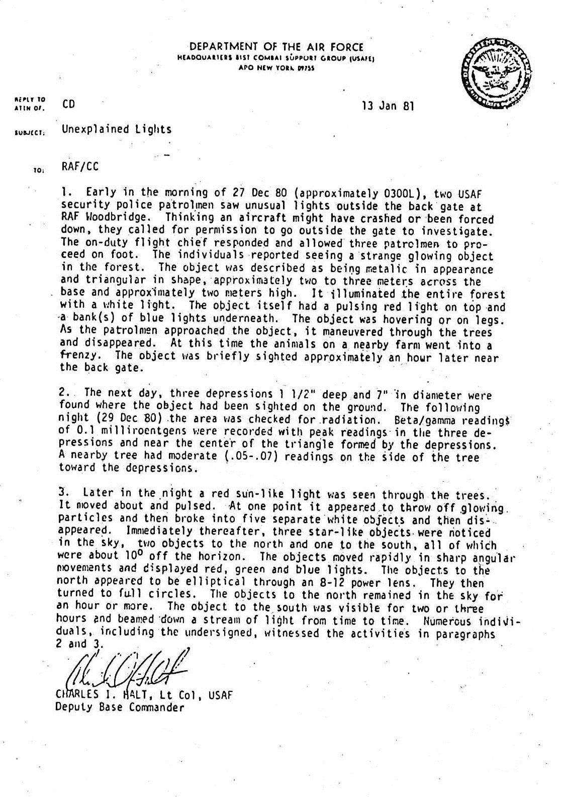 The declassified 'Unexplained Lights' memorandum written by Lt Col Charles Halt to the UK Ministry of Defence, dated January 13, 1981