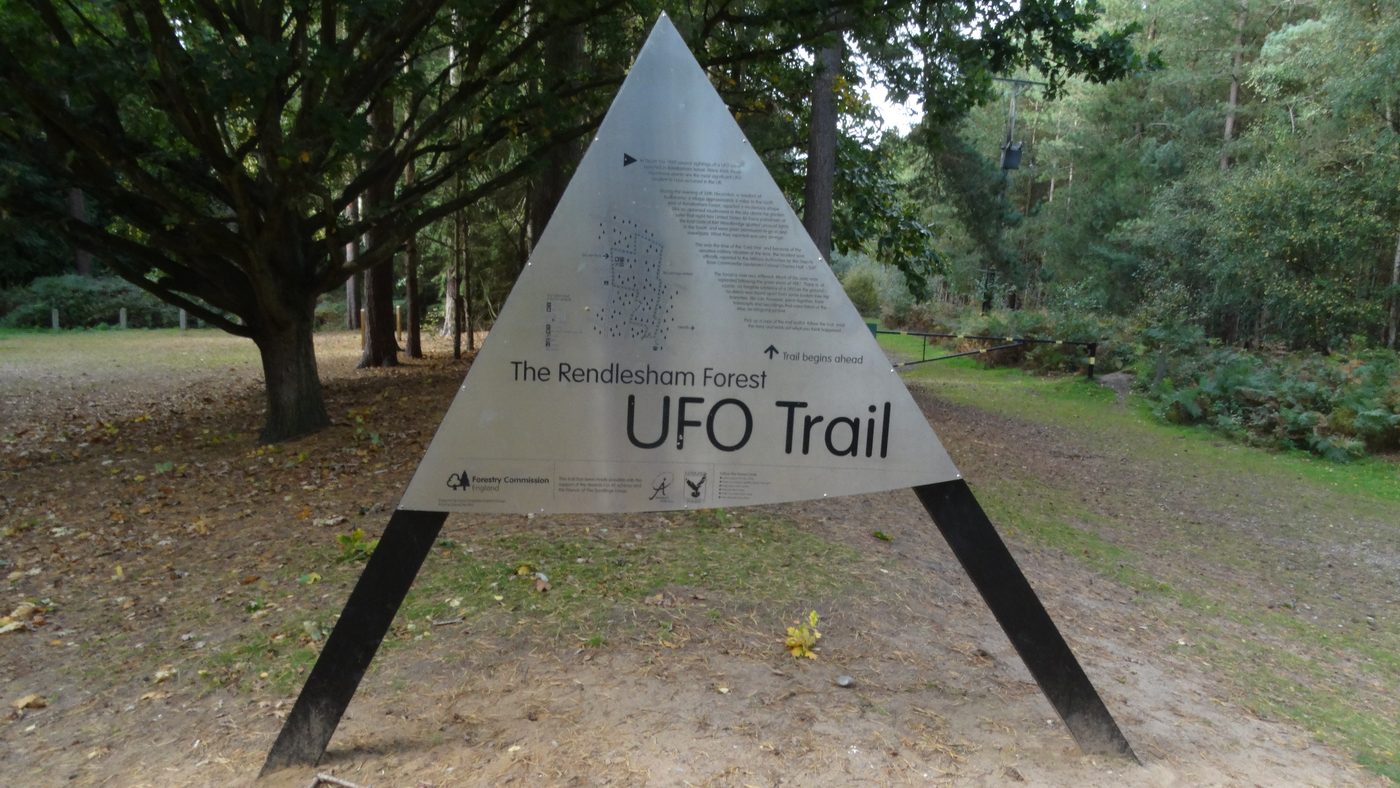 The start of the public UFO Trail through Rendlesham Forest, Suffolk, opened by the Forestry Commission