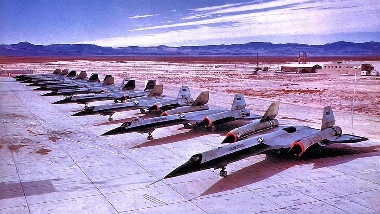 Ten Lockheed A-12 aircraft lined up at Lockheed's Palmdale, California facility (Air Force Plant 42)