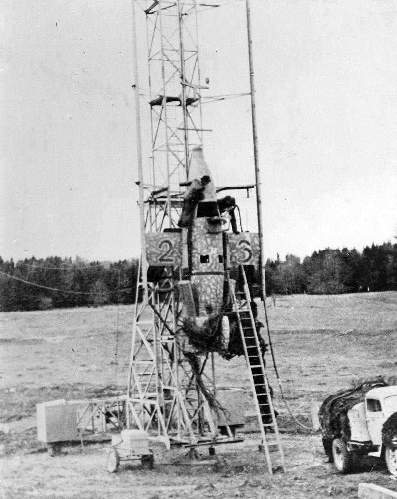 A German Bachem Ba 349 Natter on its vertical launch tower
