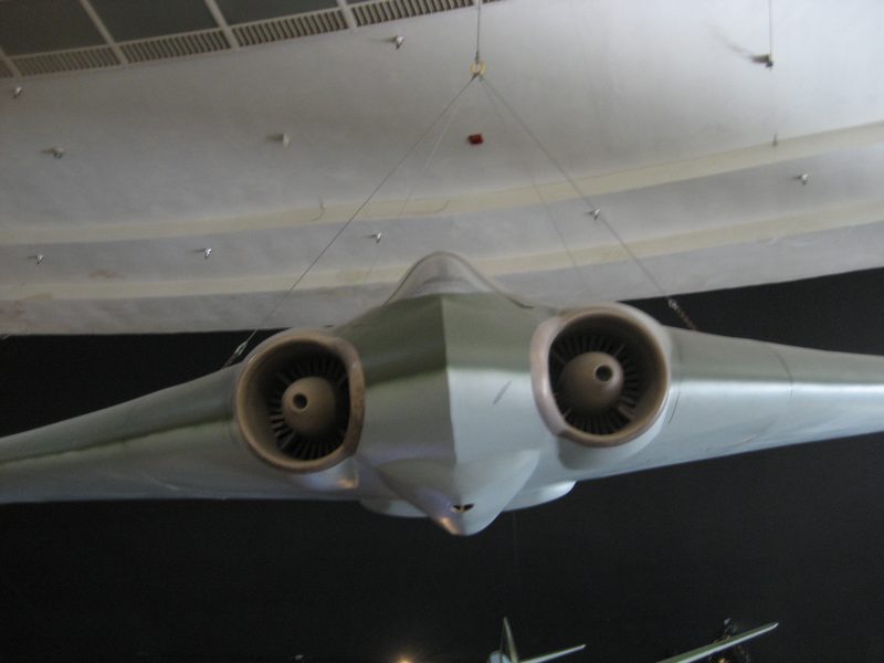 Front view of a full-scale Horten Ho 229 flying wing replica, showing its distinctive tailless wing shape and twin jet intakes