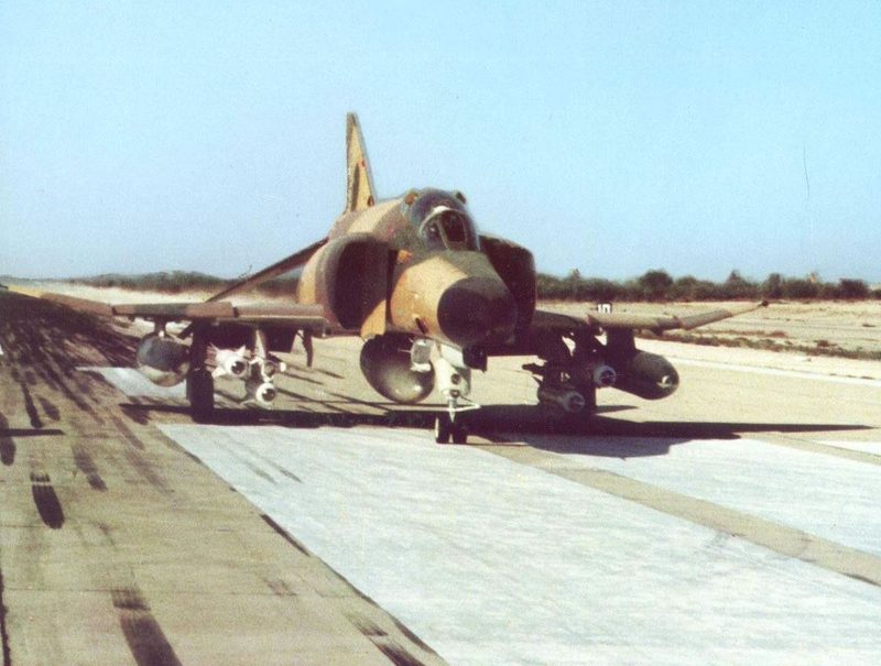 An Imperial Iranian Air Force F-4E Phantom II in flight, armed with an AGM-65 Maverick missile