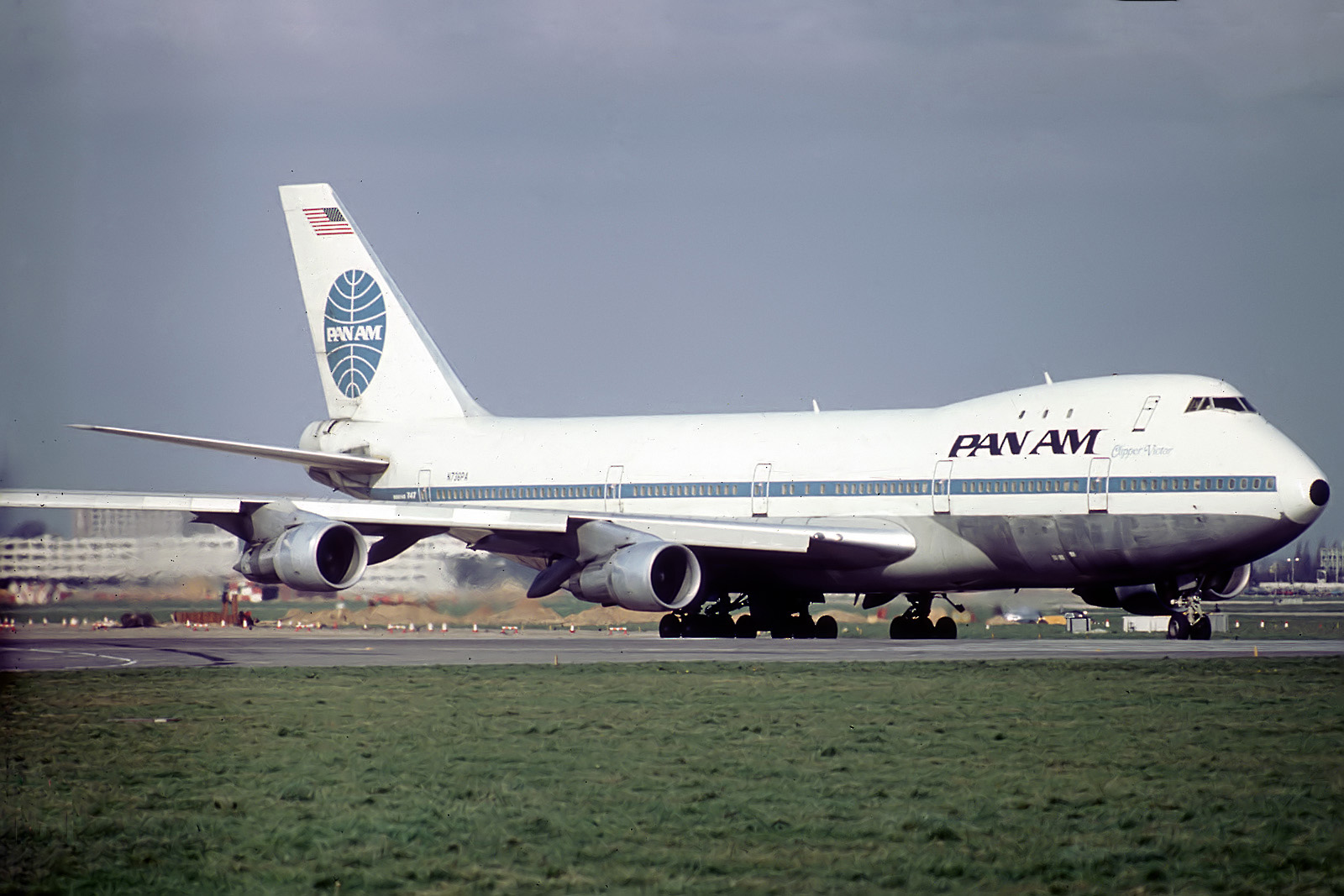 Pan Am Boeing 747-121, registration N736PA, named "Clipper Victor," photographed at London Heathrow on 5 March 1977